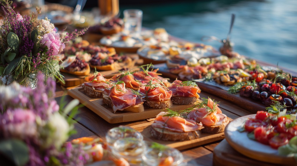 Holzbretter mit belegten Broten und Antipasti
